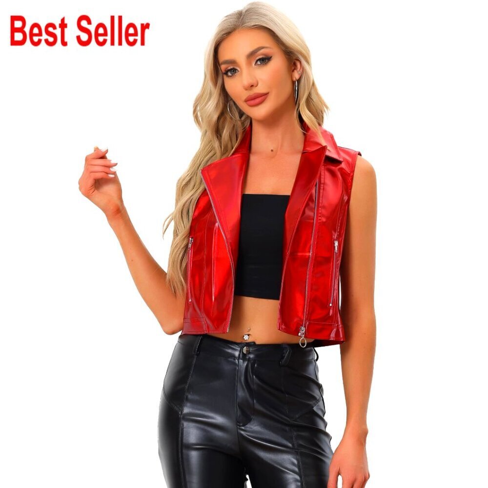 Metallic Faux Leather Vest Sleeveless Cropped Jacket Y2K Style